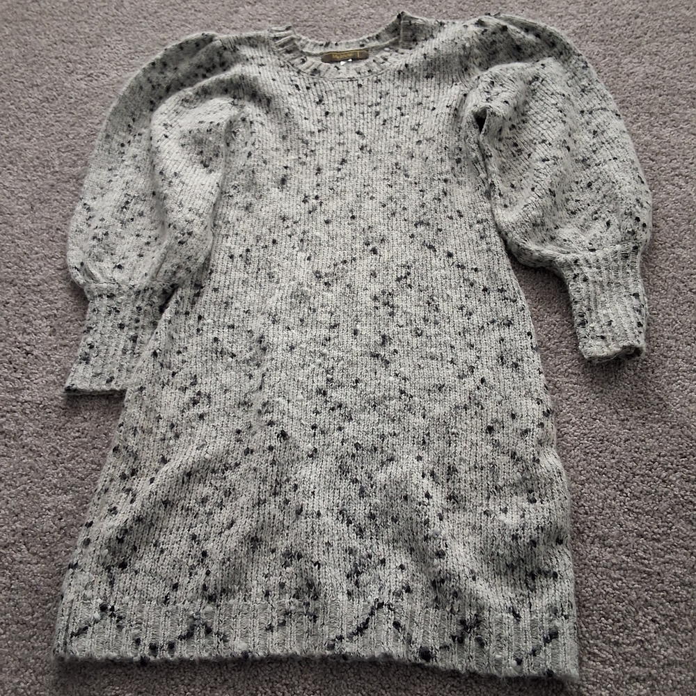 Melonie T Baloon Sleeve Speckled Light Gray  Knit Sweater Dress